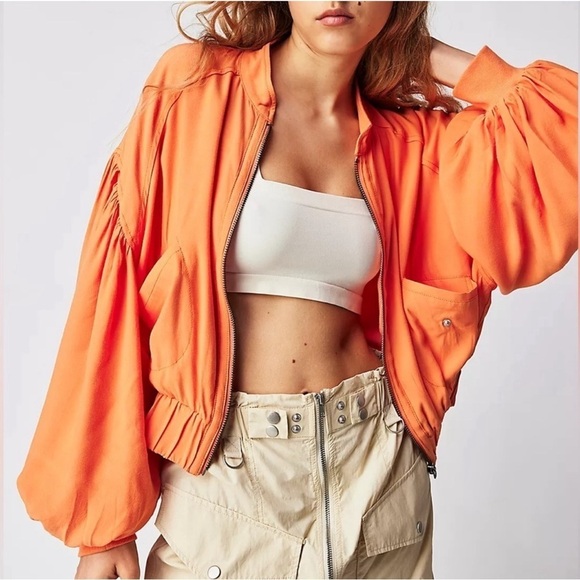 Free People Womens On Pointe Bomber Jacket Zip Front Slouchy Orange Size Small - Picture 1 of 14